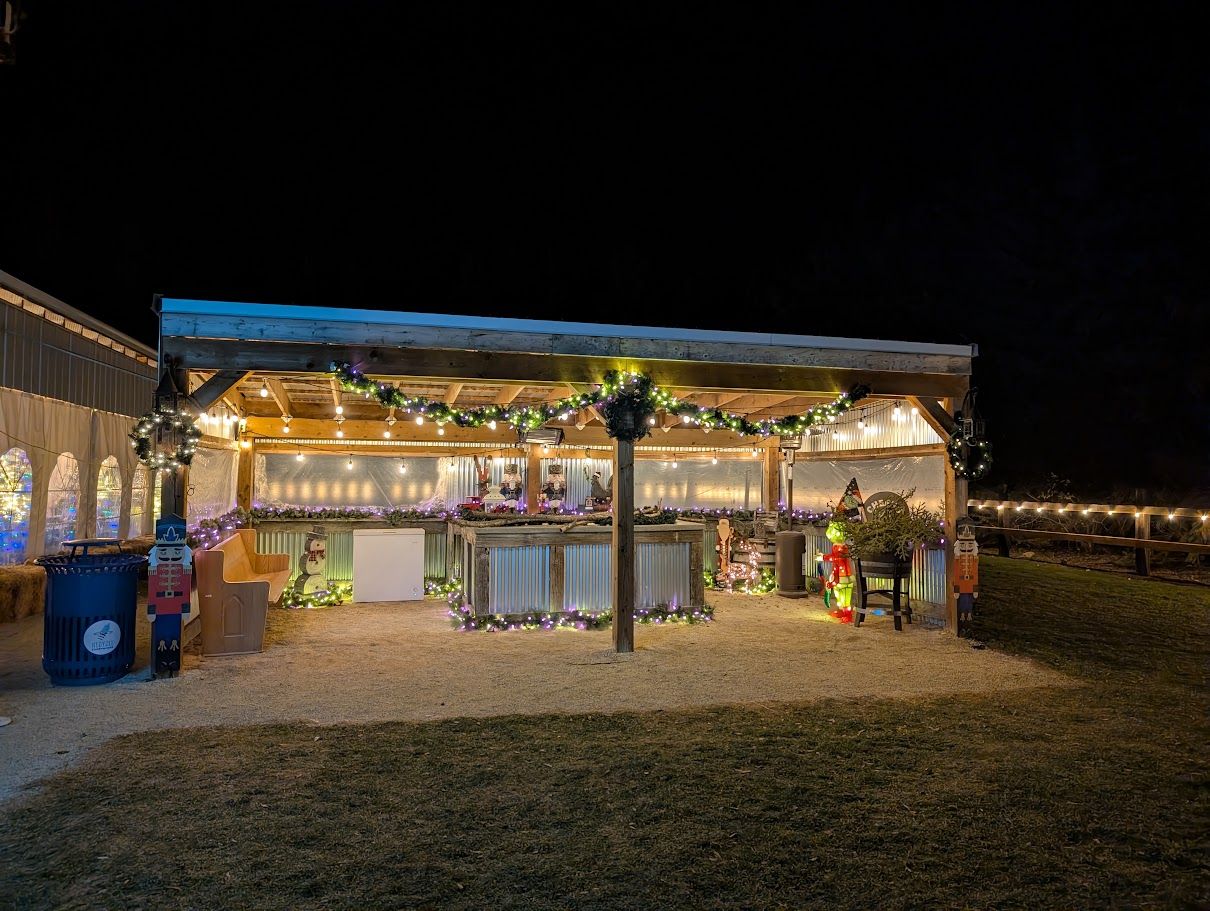 The covered tent and bar glowing against the night sky